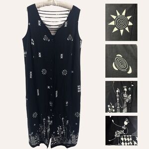 Vintage 90s Tribal Print Midi Dress Womens 18W Black Boho Celestial Abstract Art